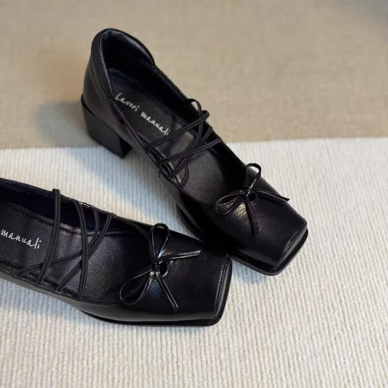 Fashion 2025 Beautiful Bow Slender Strap Mary Jane Shoes Women's Square Toe Square Heel Shoes