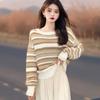 Autumn 2025 Korean Striped Round Neck Loose Knit Sweater for Women