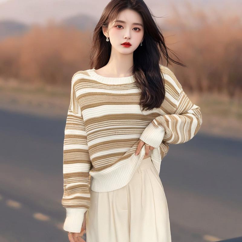 Autumn 2025 Korean Striped Round Neck Loose Knit Sweater for Women