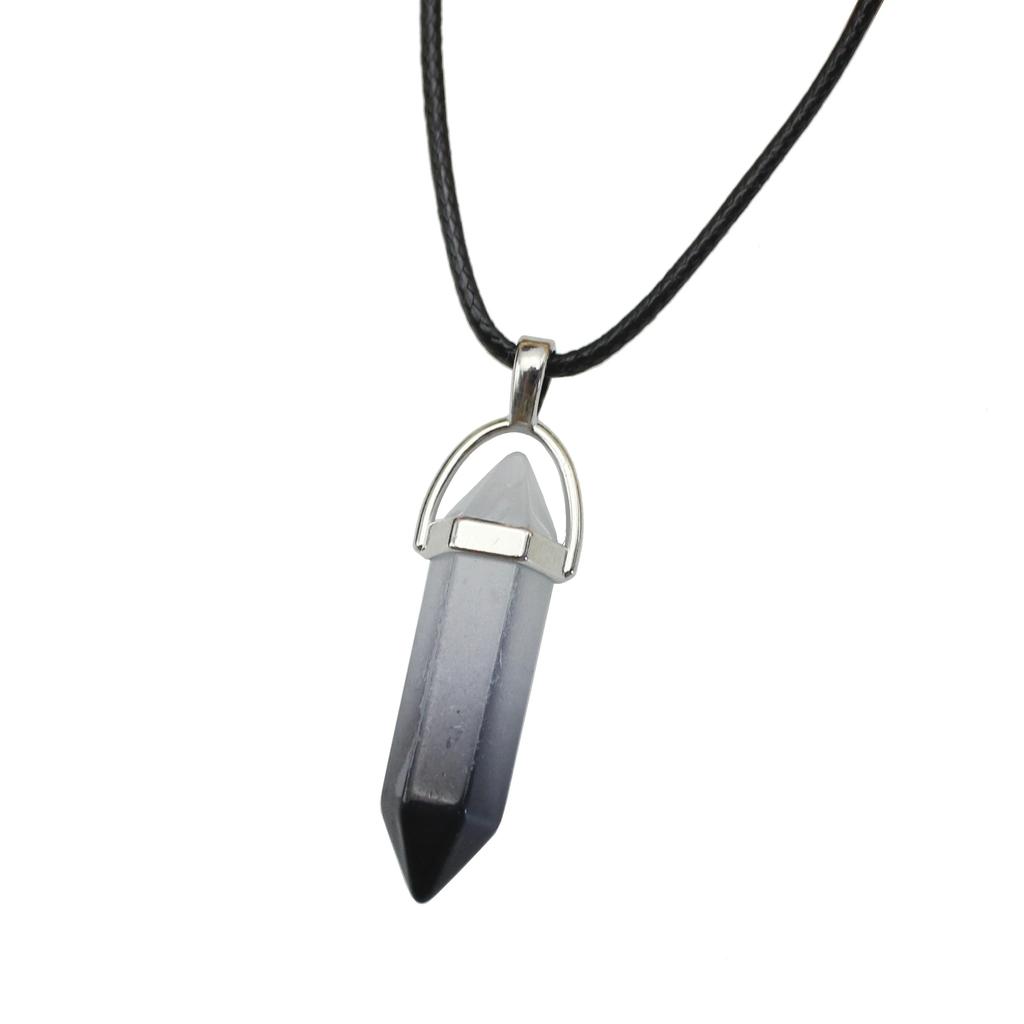 Natural Stone Pendant Necklace Women PU Leather Hexagonal Column Pointed Reiki Chakra Lapis Chunky Jewelry