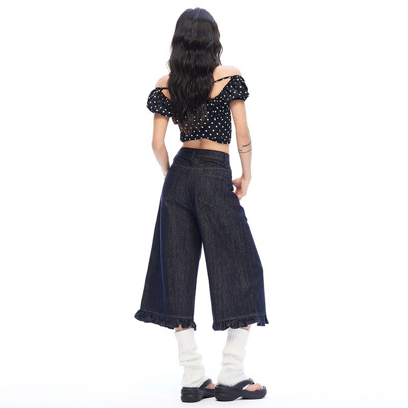 Fashion Summer Lace Rivet Detailed Designer High Waist Wide Leg Straight Versatile Slimming Denim Cropped Capri Pants