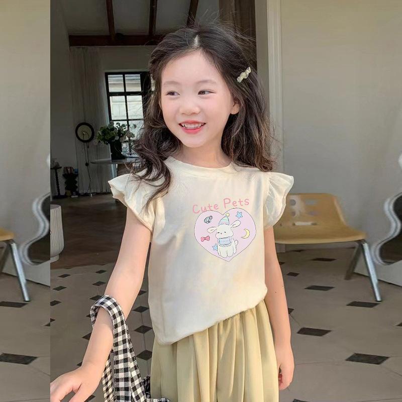 Girls Summer Cotton Cartoon T Shirt Korean Cute Flutter Sleeve Round Neck Short Sleeve Top 90