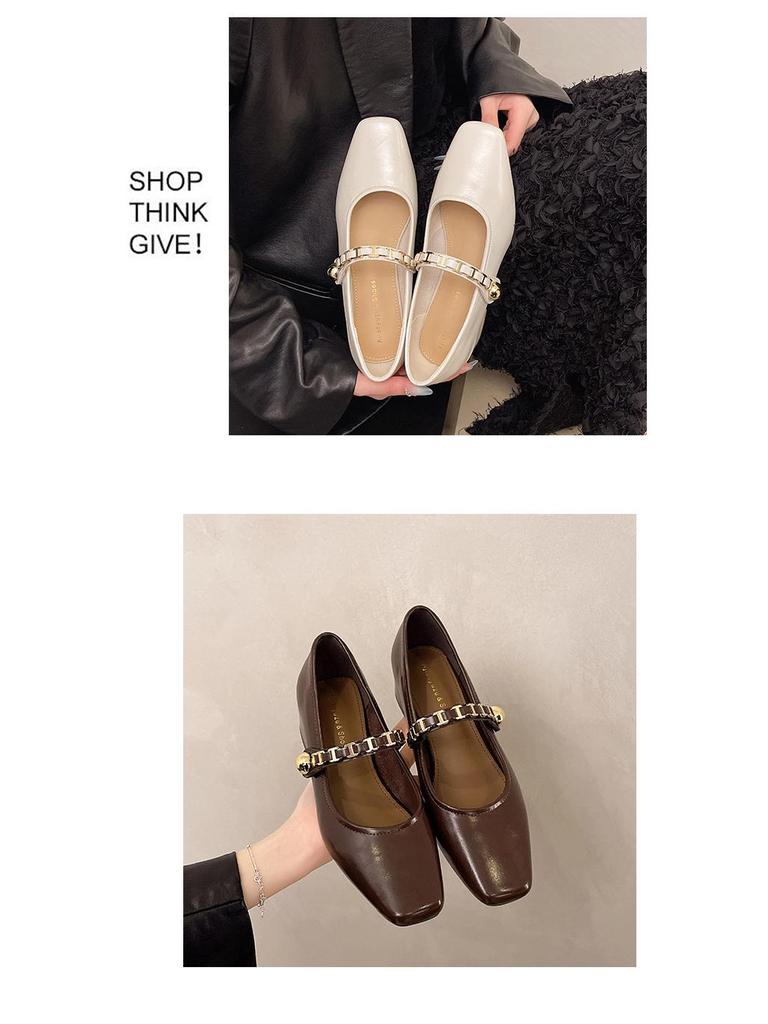 Women's French Retro Square-Toe Mary Janes - Spring Fashion Chain Chunky Heel Low-Cut Leather Shoes