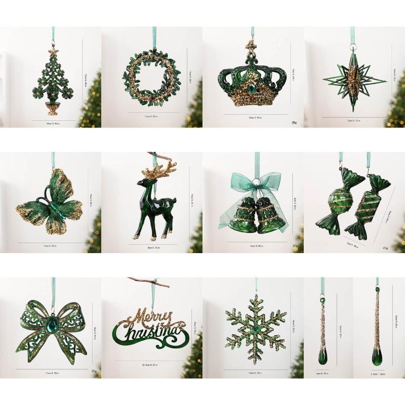 Green and Gold Hanging Christmas Decorations with Varied Holiday Motifs, Frosted Finish, and Integrated Ribbons for Seasonal Arrangements