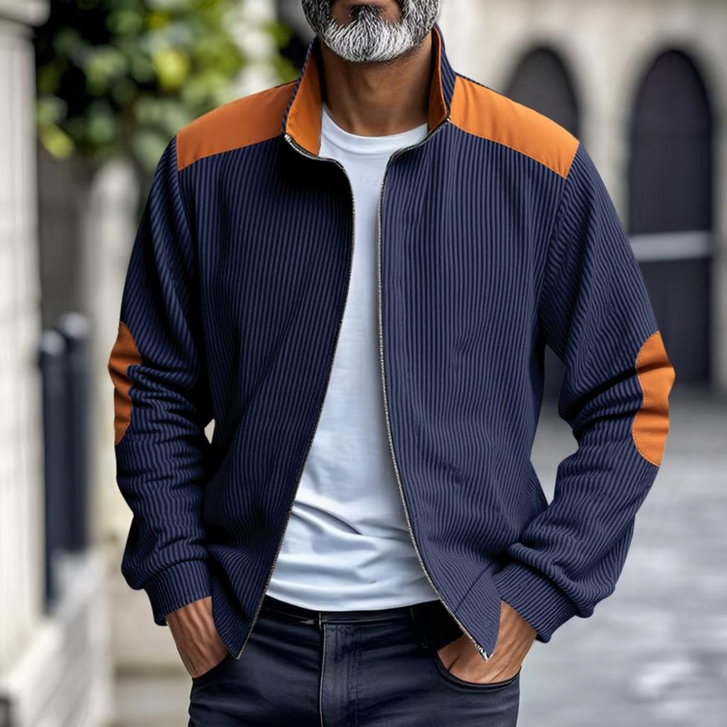 Men's Vintage Corduroy Casual Jacket - Stand Collar Zippered Colorblock Loose-Fit Baseball Jacket