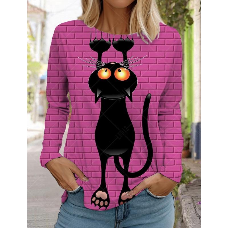 

2024 Дизайн Моди Жіночі футболки 3D-принт Каваї Графіка кота Довгий рукав Круглий виріз Звичайна посадка Весна/Осінь Смішний спортивний одяг XL