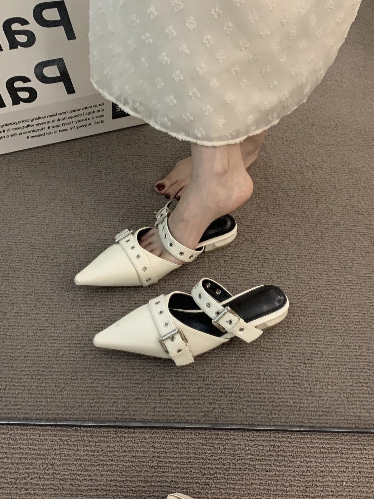 

Винтажные туфли-лодочки с острым носком и низким каблуком, нишевые полушлепанцы, женственные, с ремешком-пряжкой, Мэри Джейн, с сумкой на носке, одинарные туфли 35