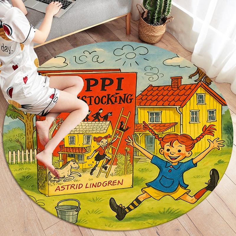 Pippi Longstocking Round Area Rug,Carpet Rug for Living Room Bedroom Sofa Playroom Decor,Non-slip Floor Mat