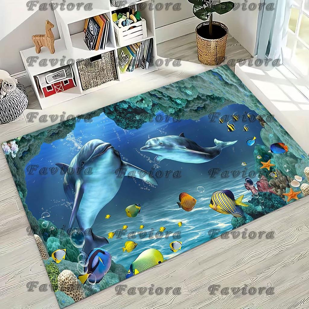 27 Style 3D Illusion Sea Underwater World Dolphin Rug for Bedroom Living Room Sofa Home Doormat Decor, Kids Non-slip Floor Mat