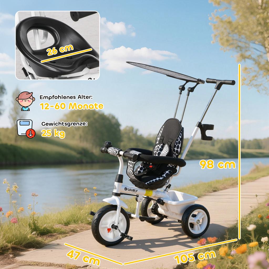 6-in-1 Children's Tricycle, Push Bar, Canopy, Harness, Storage Basket, 1-5 Years, White
