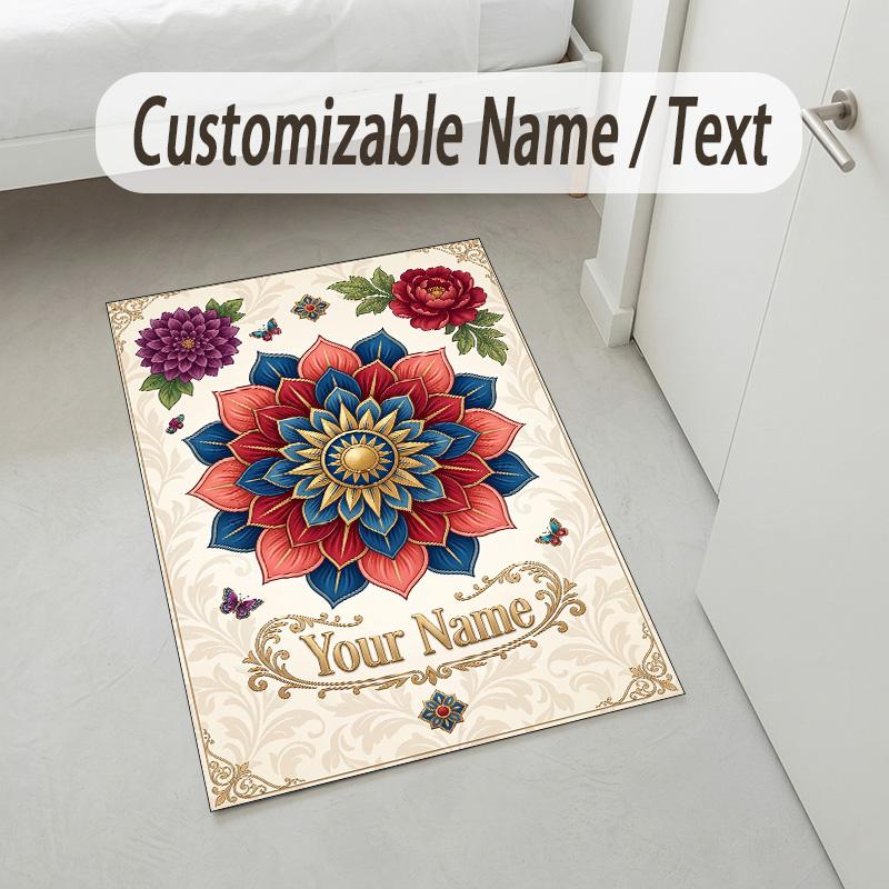 Floral Garden Theme Crystal Velvet Rug Personalized Custom Name Text Soft Floor Mat Home Decor