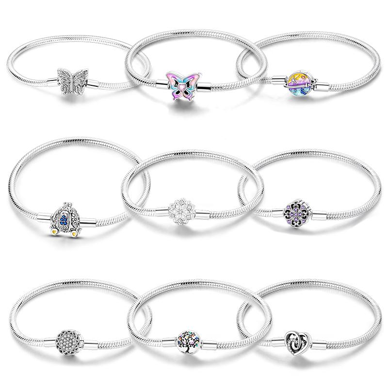 Classic Original Bracelets 925 Silver Color Love Lotus Butterfly Star Bracelets for Women DIY Charms Beads Fine Jewelry 17-20CM