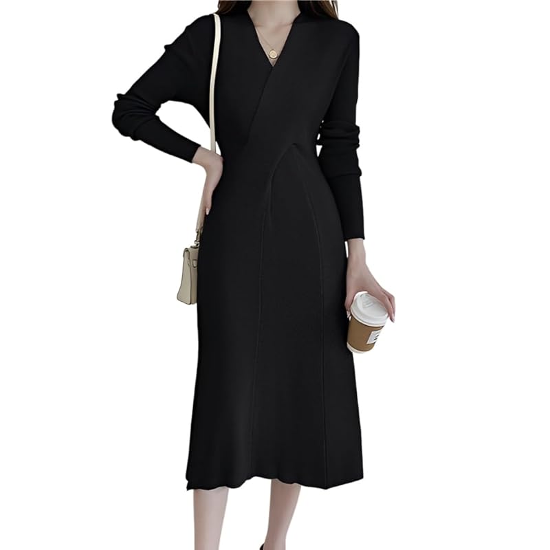 

[ROSELUCA.] rib knit one piece ladies V-neck spring Calf length tight simple long sleeve long invited formal party dress wedding After-party Beautiful