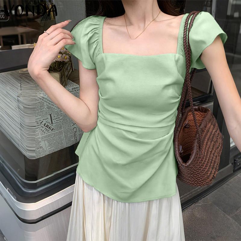 

VONDA Summer Women Square Neck Short Sleeve Casual Slim Blouse 5XL бежевий
