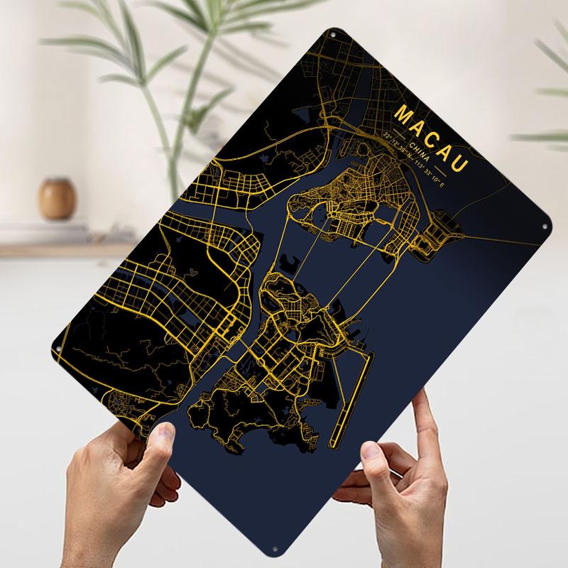 Macau Golden City Map Printed Poster Customized Wall Art Retro Vintage Metal Tin Signs for Wand Deko Bedroom Decorations Decor 20x30cm（7.8x11.8inch）
