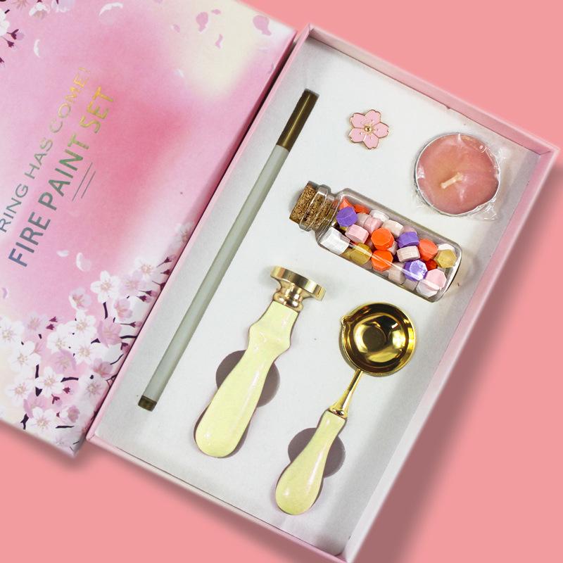 Cherry Blossom Wax Seal Stamp Gift Set: Copper Head, Mixed Color Wax, Spoon & 6-Piece Kit