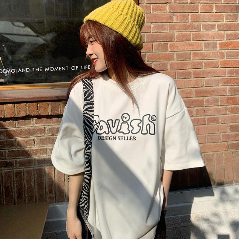 Summer New Loose Round Neck Personalized Letter Printing Thickened Polished Medium and Long Sleeve T-shirt Top Women