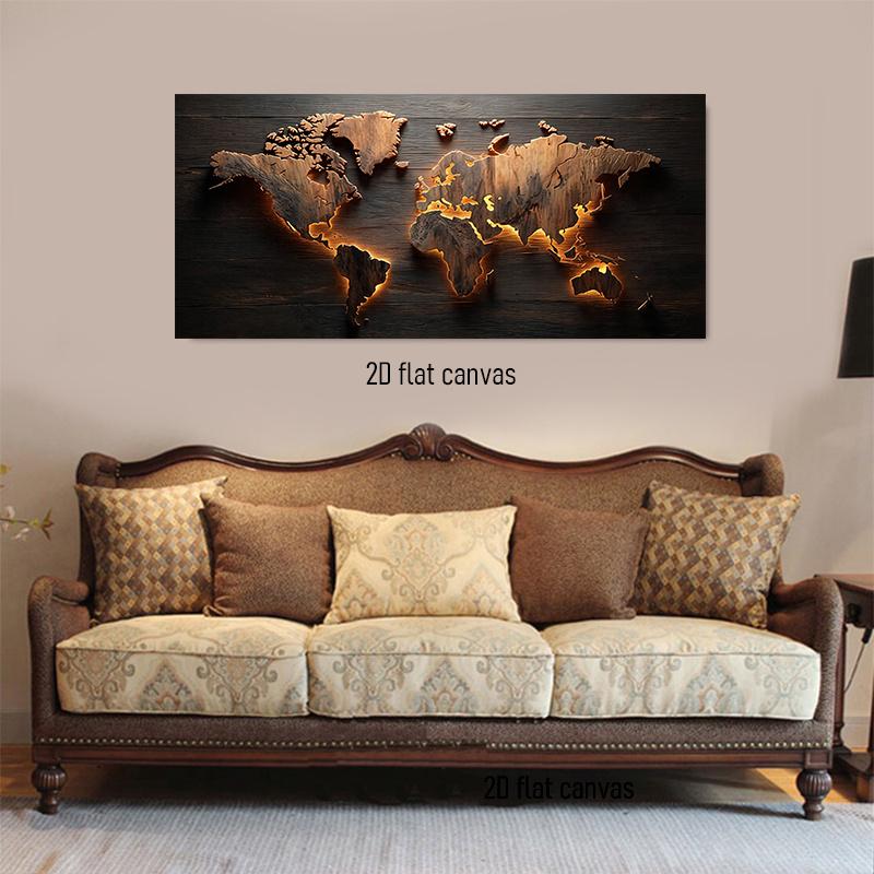 1pcs Wooden World Map Frameless Canvas Decorative Hanging Painting Living Room Study Office Modern Minimalist Style Home Wall De
