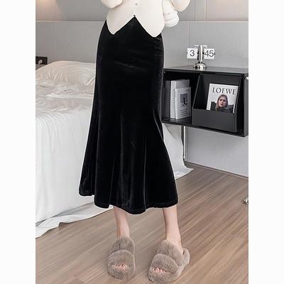 Velvet Skirt Women Autumn Korean Bodycon Draping High Waist Slim Black Mermaid Skirt