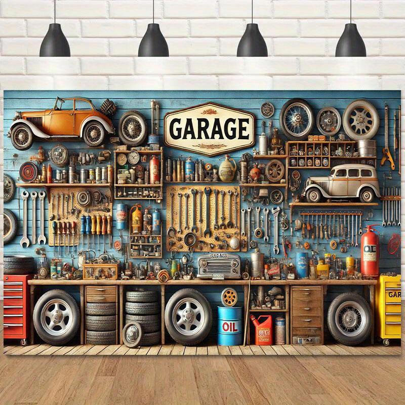 Vintage Garage Workshop Background Cloth - Ideal for Birthday Parties Photo Booths and Outdoor Celebrations