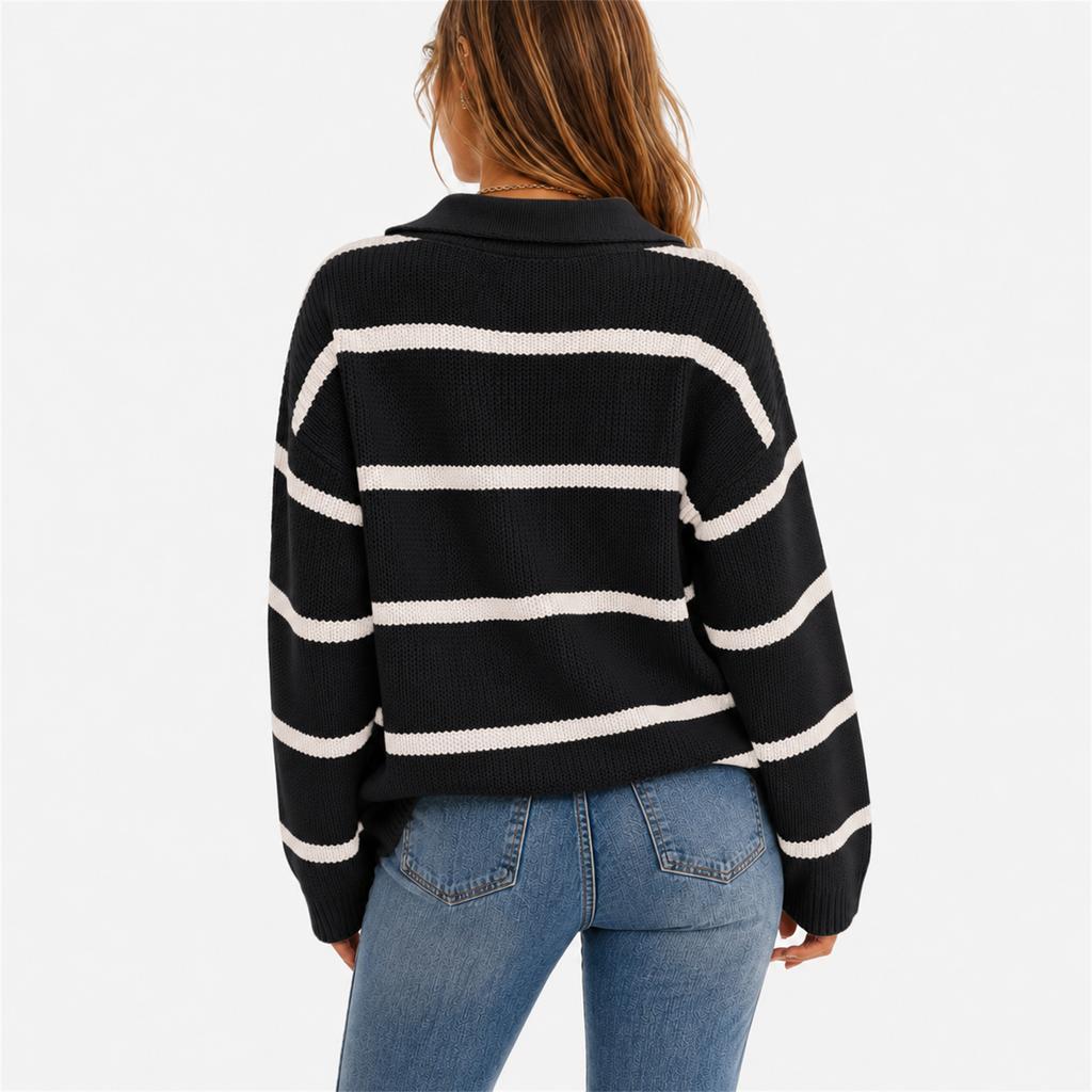 Cross border women's knitted sweater with European and American , casual collar and striped knitted sweater