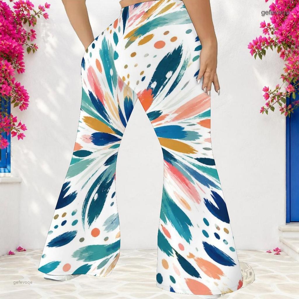 Women Plus Size High Waist Printed Full Length Flared Pants