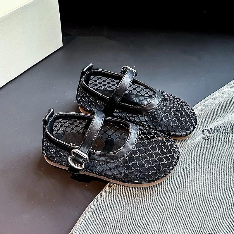 

Girls Flat Shoes Mesh Weave Soild Color Kids Sandals Non-slip Soft Sole Summer New Children Princess Shoes Trendy Sweet 23 чорний