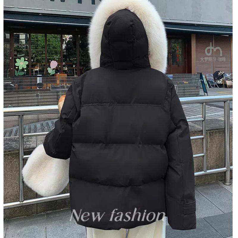 Women's Autumn and Winter Coat Solid Color Horn Button Hooded Fur Collar Loose Thickened Windproof Women's Jacket