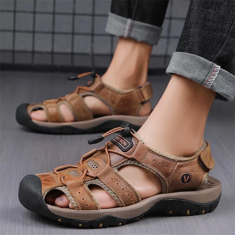 

Summer Men Casual Sandals Beach Outdoor Leather Fashion Slippers Trekking Hiking Climbing Fishing Comfortable Classic Roman 38