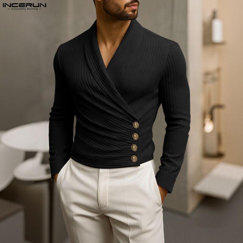 INCERUN Mens V Neck Front Cross Long Sleeve Thin Casual Rib Short T-shirts Tops
