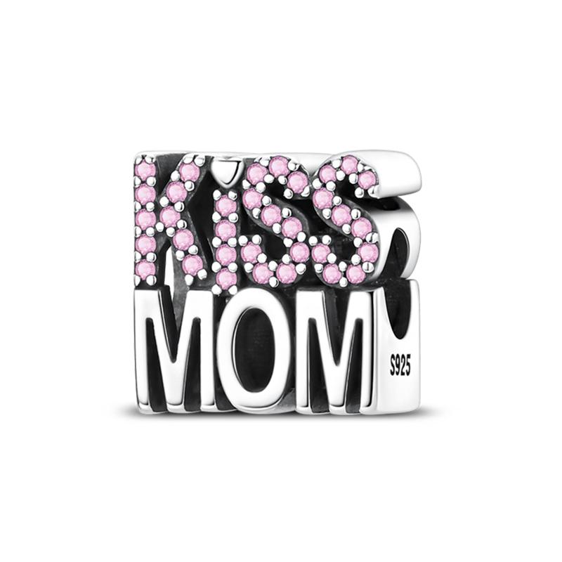 925 Silver Charms Bead CZ Zircon Love Mom Pink Heart Dangle Fit DIY Bracelet Women Mother's Day Jewelry Gift