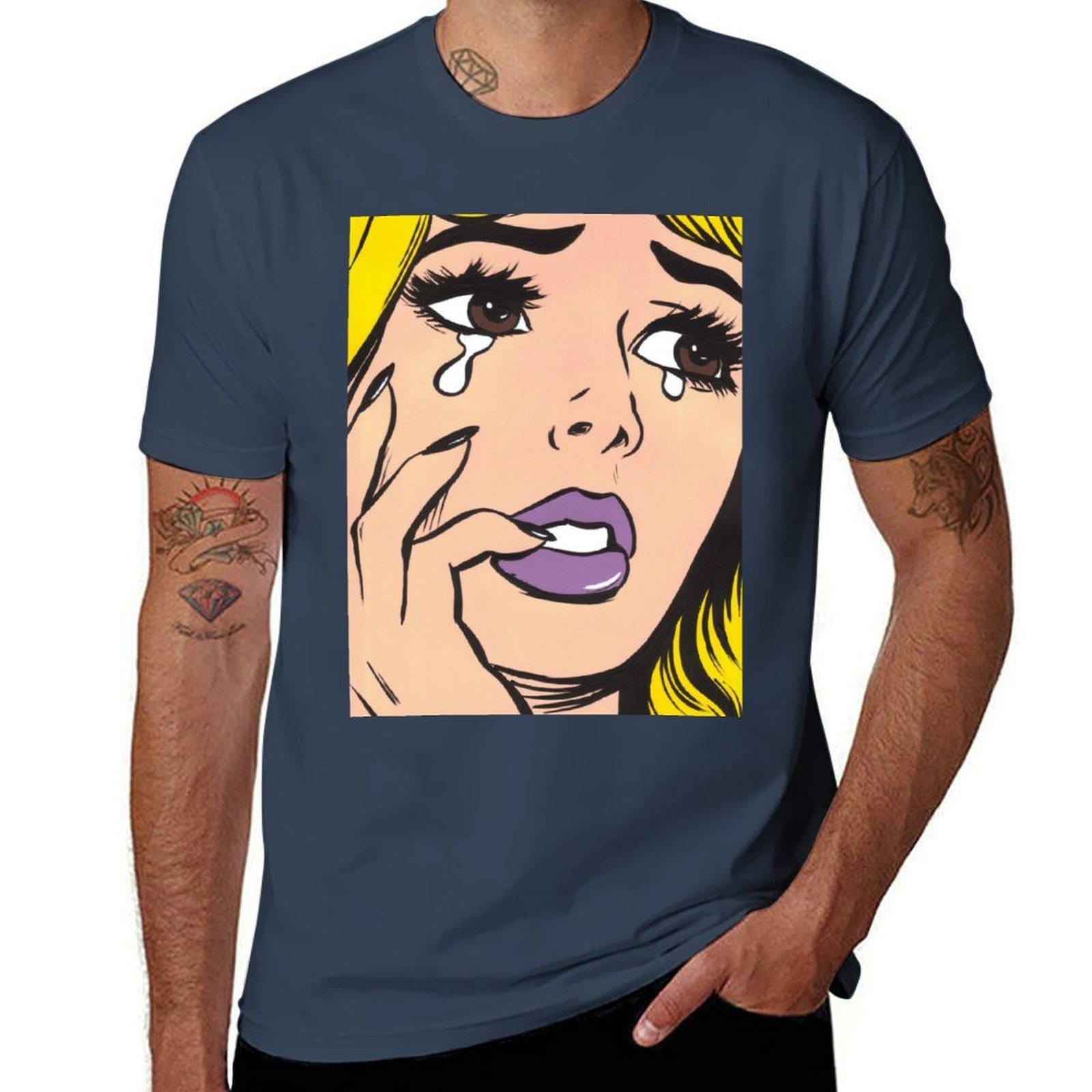 Blonde Crying Comic Girl Tshirt Basic Crew Neck Short Sleeve Top S