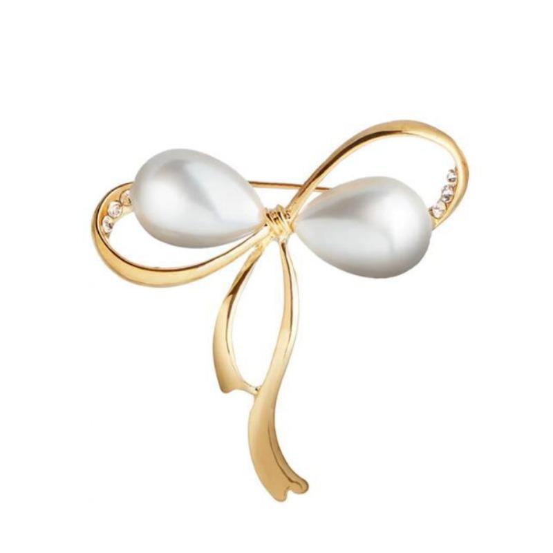 Zircon Rhinestone Bow Tie Brooch Female Simple Crystal Pearl Personality Bowknot Fashion Pin Suit Anti-light Corsage Jewelry