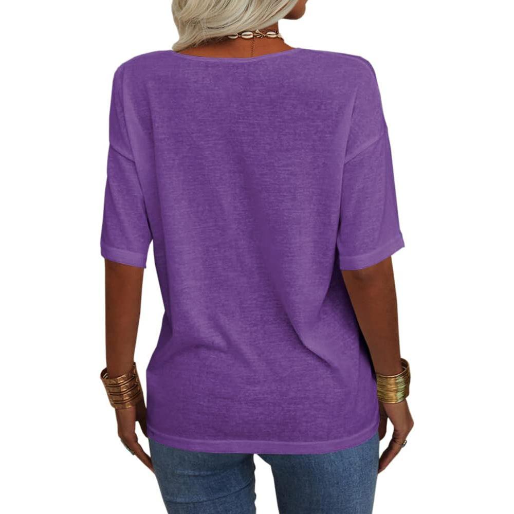Women Fashion V Neck Tee Shirt Summer Casual Short Sleeve Top Loose Solid Color T-shirt