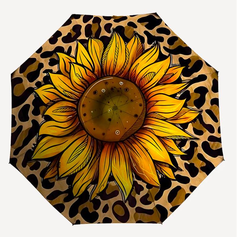 1P Leopard-print sunflower Umbrella-8-Rib Reinforced, Automatic Open, Lightweight & Durable, Cute Fashion Accessory for Outdoor-Q203