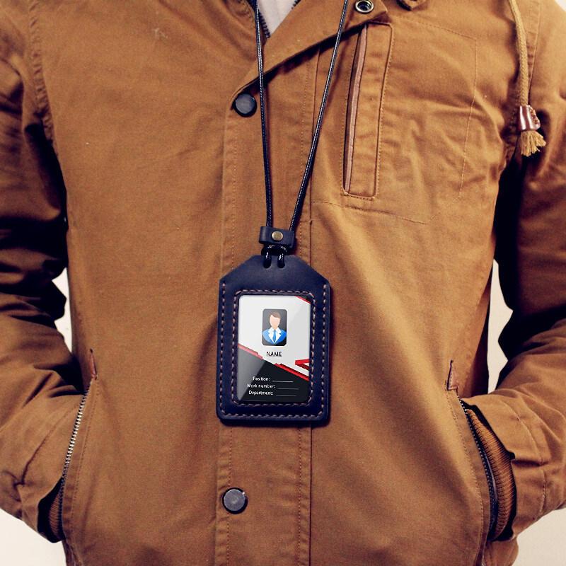 NEW Soft Leather Cowhide ID Badge Holder Name Tag Case with Neck Strap Chest Card Work Pass Meal Card Bus Card Holders Keychain School Office Supplies