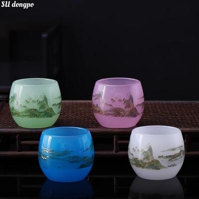 Jade Porcelain Glass Tea Cup Qianli Jiangshan Tea Cup Carving Master Cup Chinese Kungfu Tea Set Multiple Colors To Choose From