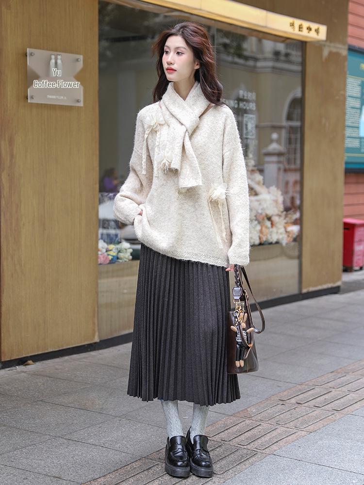 Winter 2024 Women's High-Waisted Wool Blend Pleated Midi Skirt – Slimming A-line Casual Style
