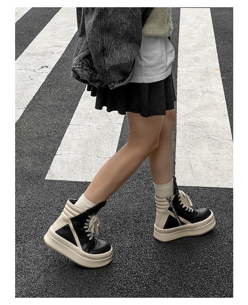 2024 Genuine Leather European & American Trendy Men's High-Top Black & White Thick-Soled Short Boots with Inverted Triangle Design