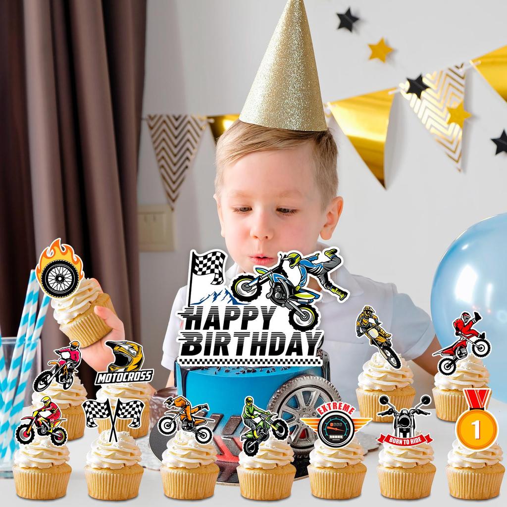 Topper per Torta di Motocicletta, 24 Pezzi Toppers per Cupcake Moto da Cross + 1 Pezzo Topper per Torta Moto da Cross Decorazioni per Torta di Compleanno Forniture per Feste di Compleanno