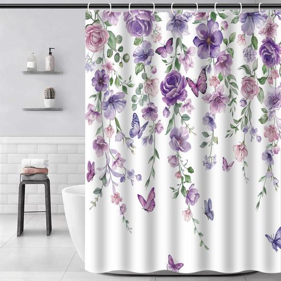 Floral Shower Curtain Spring Farmhouse Bathroom Curtain Waterproof Flowers Butterflies Leaves Bath Curtain with Hooks for Dormitory Shower Bathtub