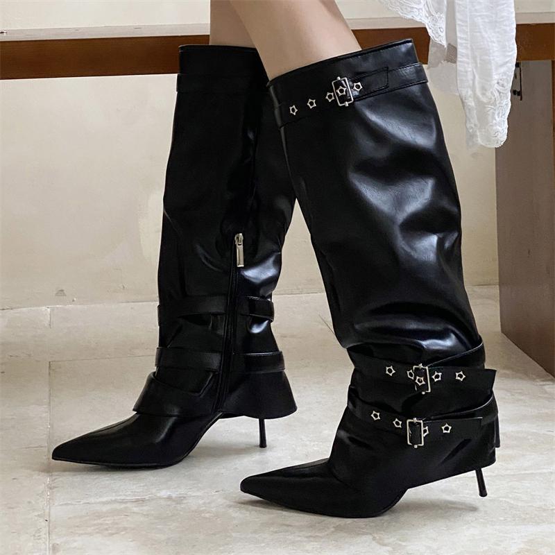 Fashion Eilyken Street Style Soft PU Leather Pointed TToe Woman Knee-High Boots Sexy Thin High Heels Belt Buckle Strap Zipper Shoes