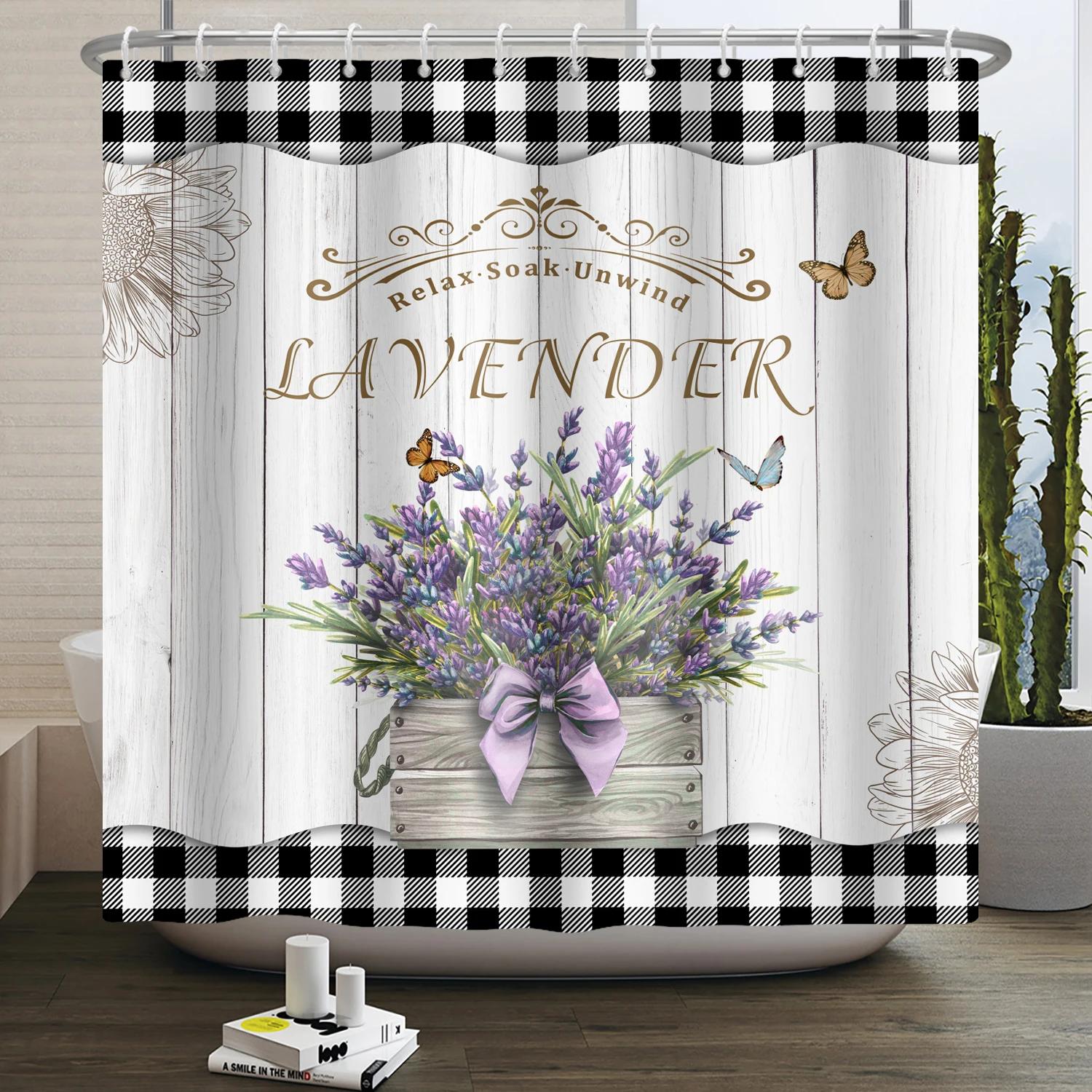 

Sweet Home Shower Curtain Autumn Flowers Black and White Buffalo Plaid Retro Country Farmhouse Modern Bathroom Curtain Decor W90xH180cm