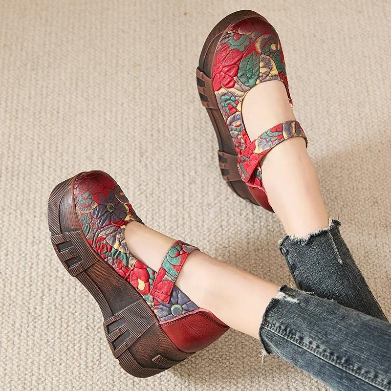 Fashion High Quality 7CM Genuine Leather Pigskin Moccasins Ladies Summer Women Thick Soled Flats Platform Wedge Sandals Round Toe Shoes
