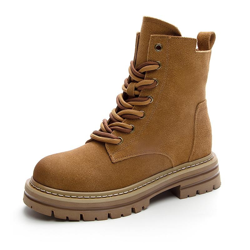 Martin Boots Women's Autumn New Leather Retro Tooling Western Cowboy Boots Thick-soled Inner Height-increasing Short Boots