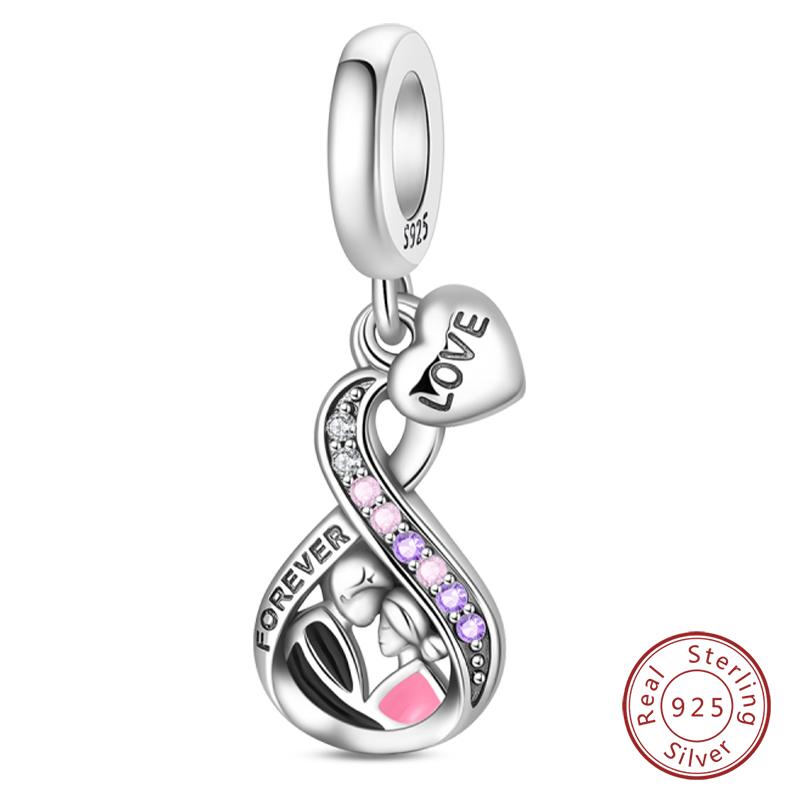 Copper Charms Beads Forever Love Heart Shaped Bow Family Charms Dangle For Bracelet Woman Diy Jewelry Gift