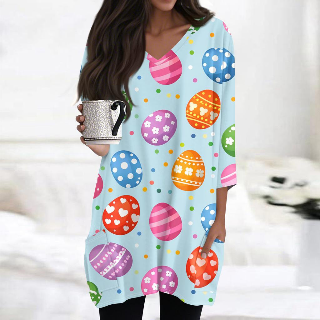 Womens Tops V-neck 3/4 Sleeve Blouses Casual Mid-length Shirts Fashion Print Tunic Tops With Pockets