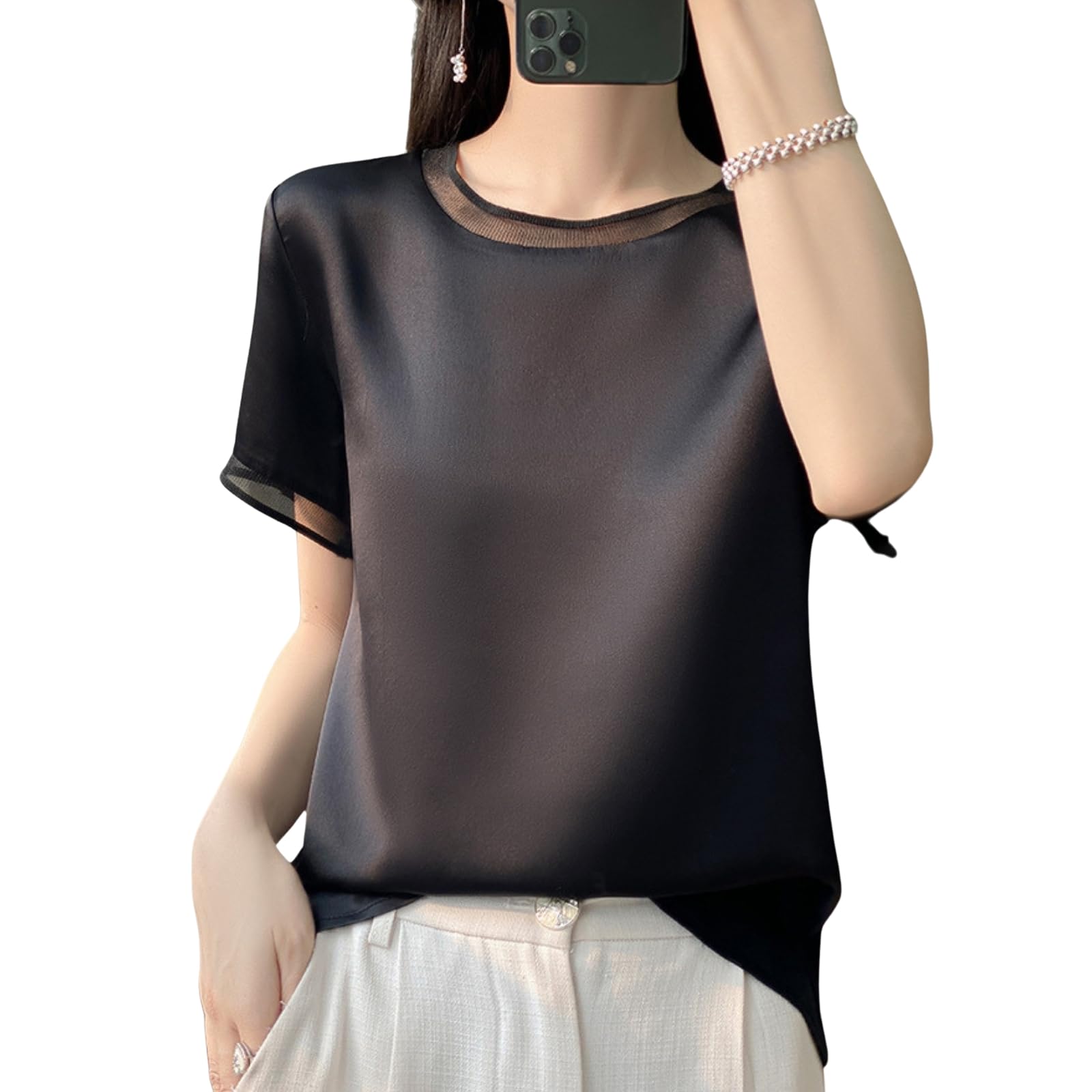 

Блузка с коротким рукавом шелковистая блестящая с круглым вырезом летняя необычная офисная облегающая [Septora] Женщины, Футболка, Лето, Рубашка, Топ, Вырез, Домашняя одежда, Элегантная, чёрный