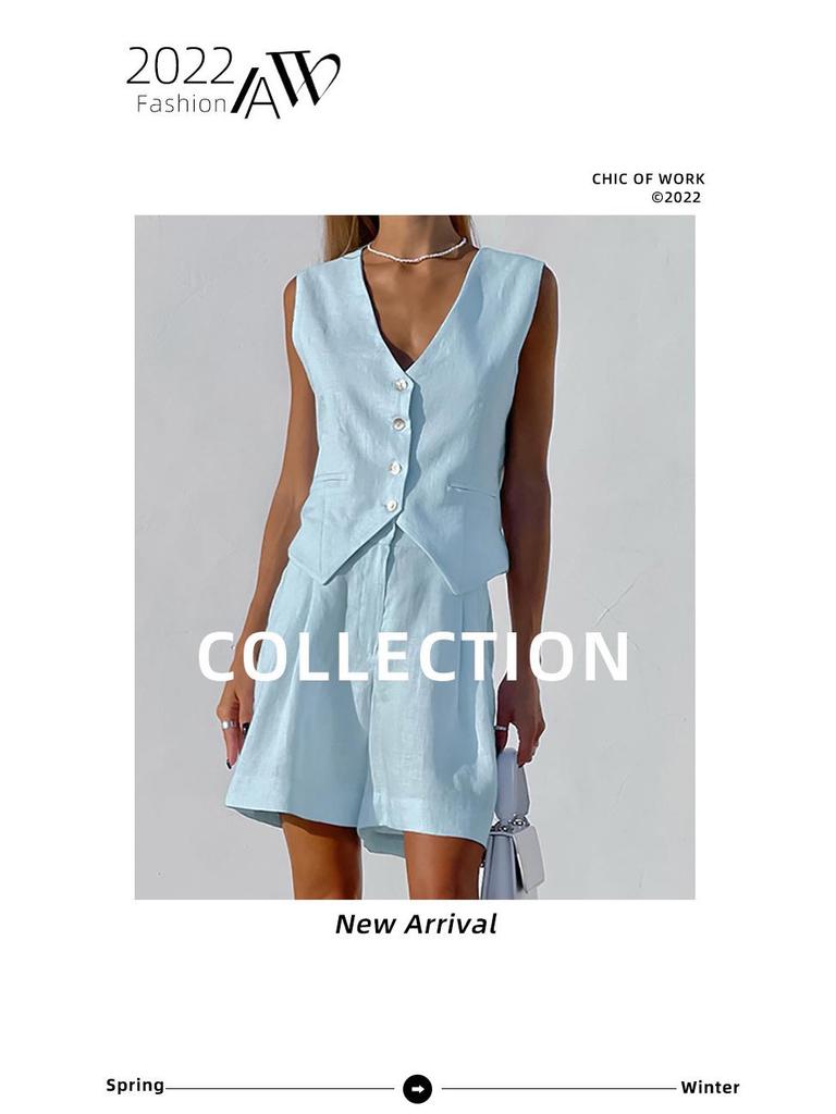 European & American Design Cotton Linen Suit: Women's Summer Casual Sleeveless Vest & Shorts Set