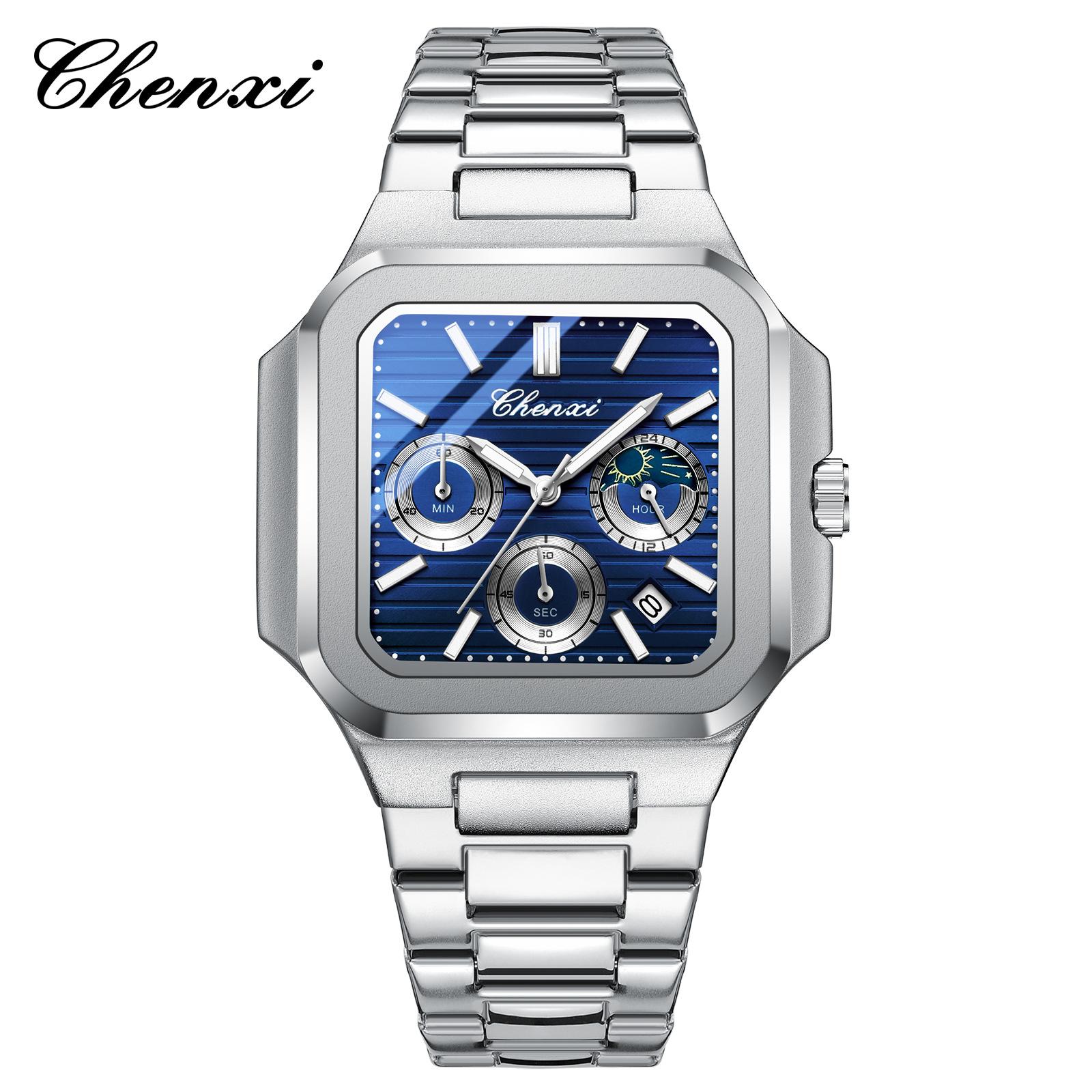 

Модные мужские часы светящиеся водонепроницаемые хронограф дата мужские наручные часы квадратные из нержавеющей стали кварцевые мужские часы Reloj steel band серебряный/синий